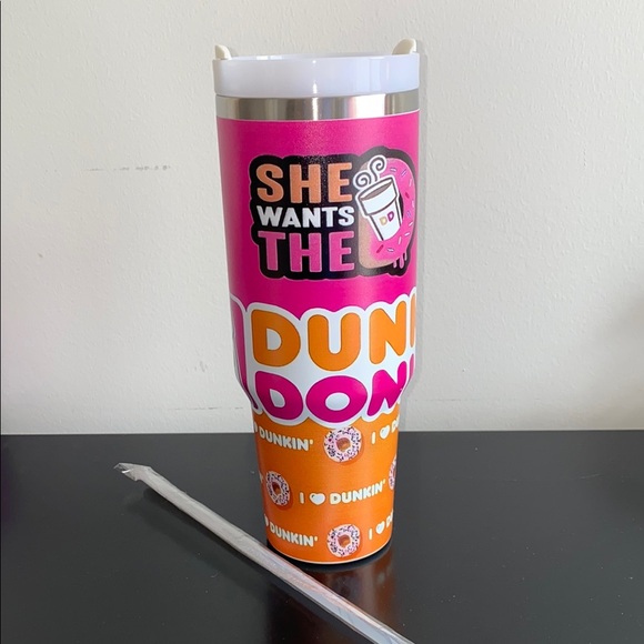 Dunkin Pink and Orange Insulated Travel Mug with Handle - Picture 2 of 7